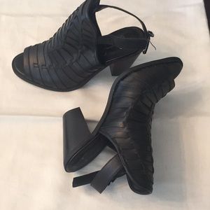 Black open toe buckle bootie shoes